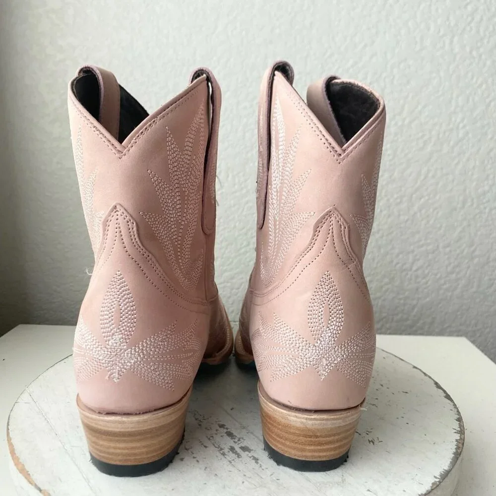 Lane LEXINGTON Womens Cowboy Booties Pink Leather Western Short Ankle Boots 8.5